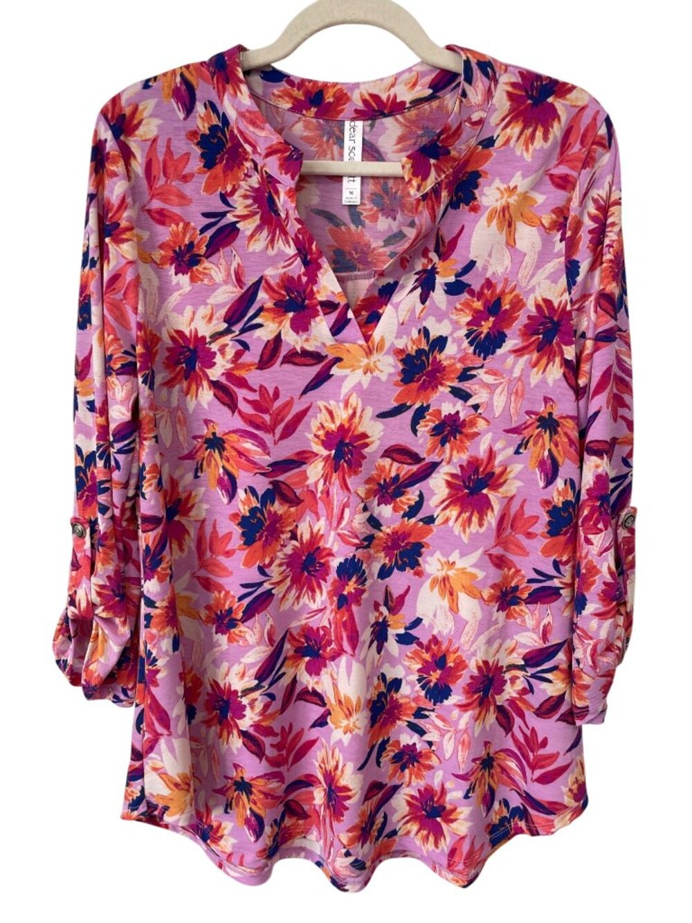Dear Scarlett Floral Top Medium V-Neck 3/4 Sleeve Pink Multicolor Boho Cottage